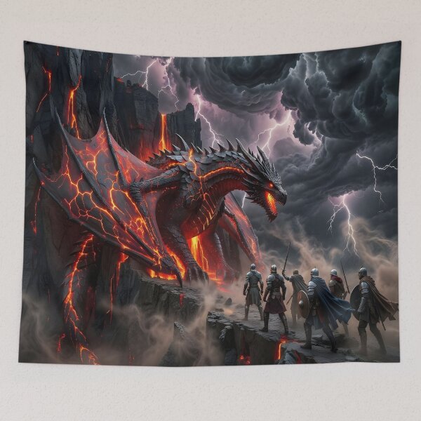 Artikelvorschau, Lava-Drachen-Kampfszene – Epische Feuerdrachen-Fantasy mit Kriegern entworfen und verkauft von DreamyWallVibes.