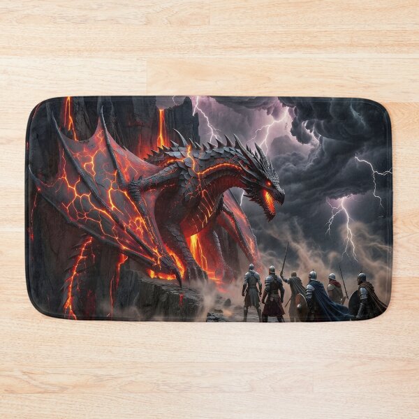 Item preview, Lava Dragon Battle Scene – Epic Fire Dragon Fantasy with Warriors designed and sold by DreamyWallVibes.