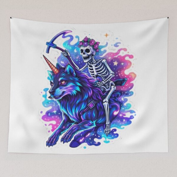 Item preview, Cosmic Skeleton Riding Neon Wolf designed and sold by bhaveshsticker.