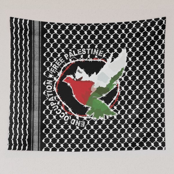 Item preview, End Occupation Free Palestine with Palestinian Arabic Kufiya Hatta Pattern -White designed and sold by Hurriyyatee.