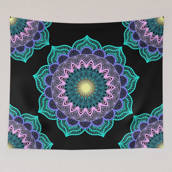 Item preview, Blue purple pink yellow mandala on black designed and sold by CreaTwinkles.