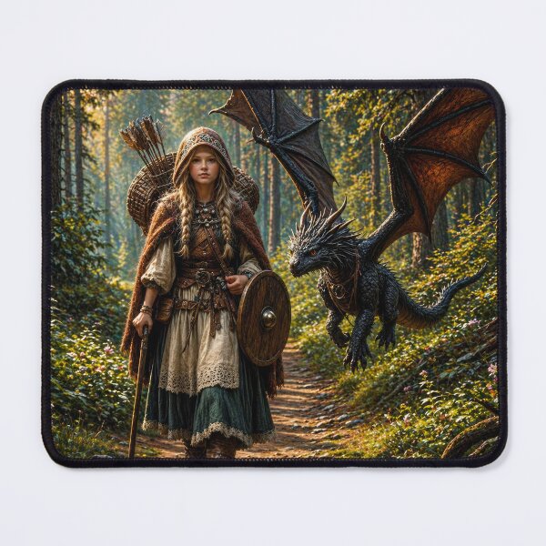 Item preview, Fantasy Warrior Girl with Dragon in Enchanted Forest | Magic and Adventure Art designed and sold by DrakariArt.