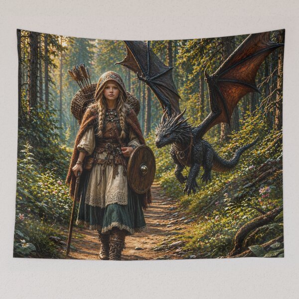 Item preview, Fantasy Warrior Girl with Dragon in Enchanted Forest | Magic and Adventure Art designed and sold by DrakariArt.