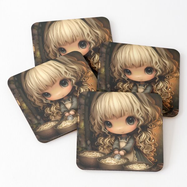 Item preview, Grimm Chibi Goldilocks and the Porridge – Dark Cottagecore Fairytale Art designed and sold by InkAndGloom.