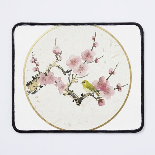 Item preview, Artistic Japanese Red Plum and Nightingale - Gold Leaf Ink Art designed and sold by Kokeshidreams.