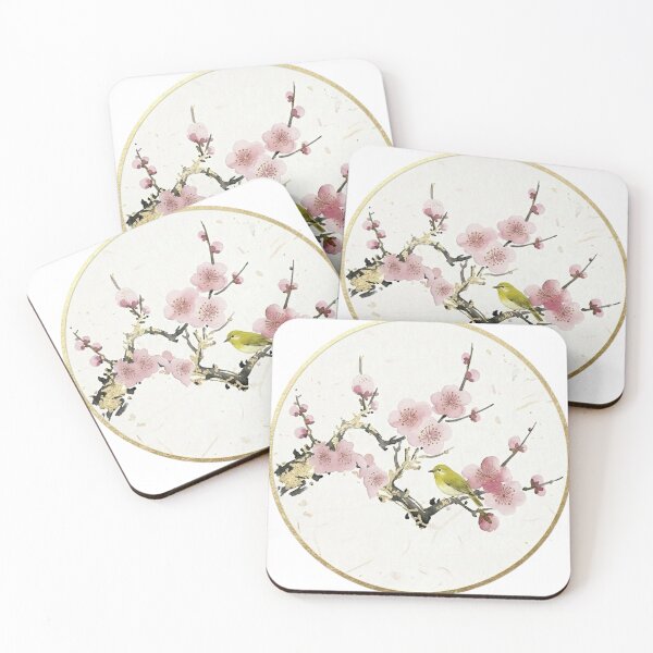Item preview, Artistic Japanese Red Plum and Nightingale - Gold Leaf Ink Art designed and sold by Kokeshidreams.