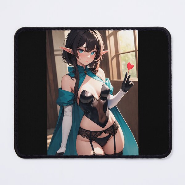 Item preview, Anime Elf Girl Fantasy Pin-Up - Beautiful Dark Haired Elf in Lingerie & Teal Cape designed and sold by iloveanimechibi.