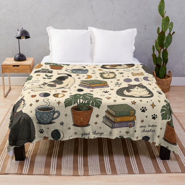 Item preview, Cozy Cat Pattern Blanket | Aesthetic Reading Cats & Coffee Throw | Warm Cottagecore Cat Design designed and sold by IconicDesignsXd.