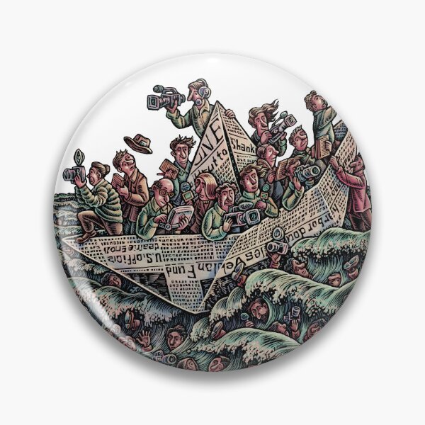 Item preview, journalists in a paper boat made of newspaper, some have fallen overboard into the waves designed and sold by LisaHaney.