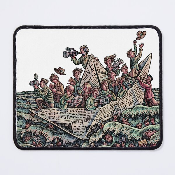 Item preview, journalists in a paper boat made of newspaper, some have fallen overboard into the waves designed and sold by LisaHaney.
