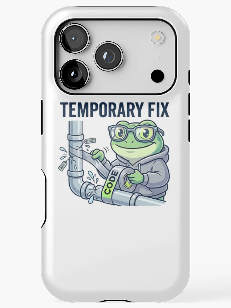 Thumbnail 1 of 4, iPhone Case, Temporary Fix Coding Frog – Funny Programmer Debugging Sticker, Dev Humor, API Legacy Code Joke designed and sold by Urben Loop.