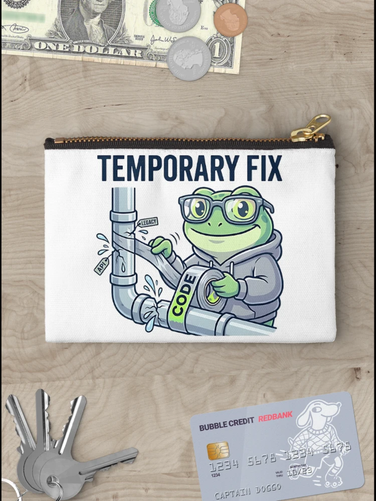 Thumbnail 3 of 4, Zipper Pouch, Temporary Fix Coding Frog – Funny Programmer Debugging Sticker, Dev Humor, API Legacy Code Joke designed and sold by Urben Loop.