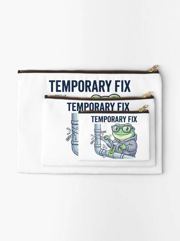 Thumbnail 2 of 4, Zipper Pouch, Temporary Fix Coding Frog – Funny Programmer Debugging Sticker, Dev Humor, API Legacy Code Joke designed and sold by Urben Loop.