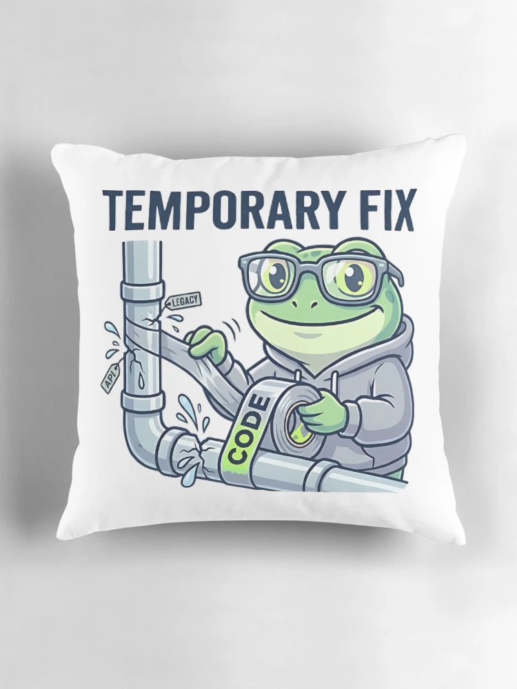 Thumbnail 3 of 4, Pillow, Temporary Fix Coding Frog – Funny Programmer Debugging Sticker, Dev Humor, API Legacy Code Joke designed and sold by Urben Loop.