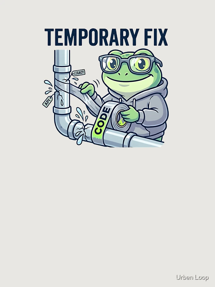 Thumbnail 6 of 6, Premium Oversized Hoodie, Temporary Fix Coding Frog – Funny Programmer Debugging Sticker, Dev Humor, API Legacy Code Joke designed and sold by Urben Loop.