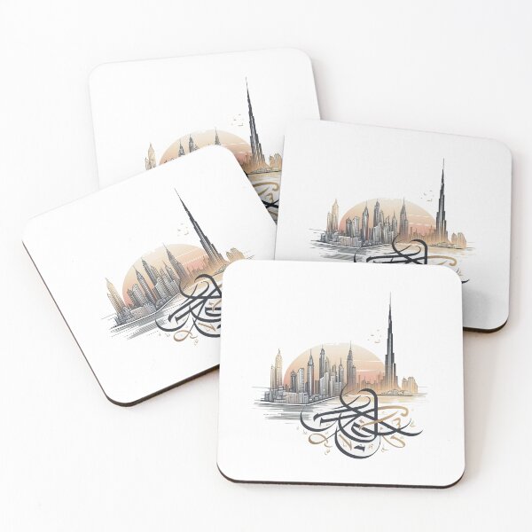 Item preview, Dubai Skyline Burj Khalifa Sunset Arabic Calligraphy Water Reflection Art designed and sold by HubbStudio.