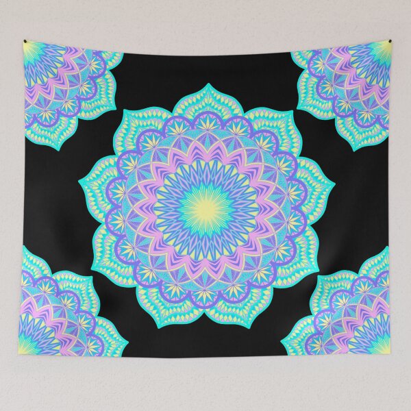 Item preview, Blue purple pink yellow filled mandala on black designed and sold by CreaTwinkles.