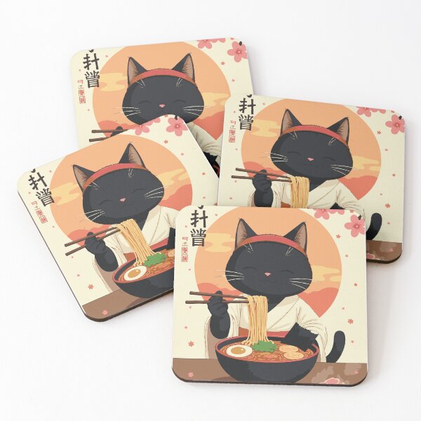Item preview, Happy Black Cat Ramen Japanese Sunset Poster | Peaceful Neko Kimono Cherry Blossom Art | Modern Anime Cat Ramen Bowl Gift designed and sold by DeeDouu.