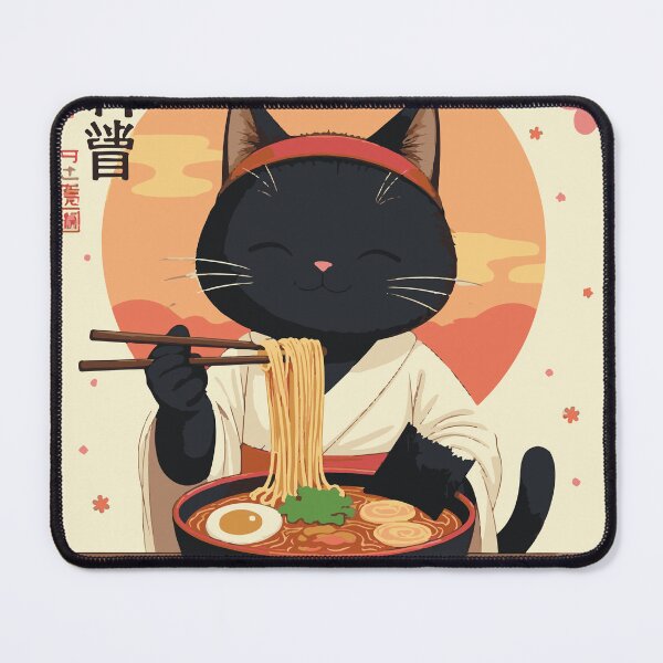 Item preview, Happy Black Cat Ramen Japanese Sunset Poster | Peaceful Neko Kimono Cherry Blossom Art | Modern Anime Cat Ramen Bowl Gift designed and sold by DeeDouu.