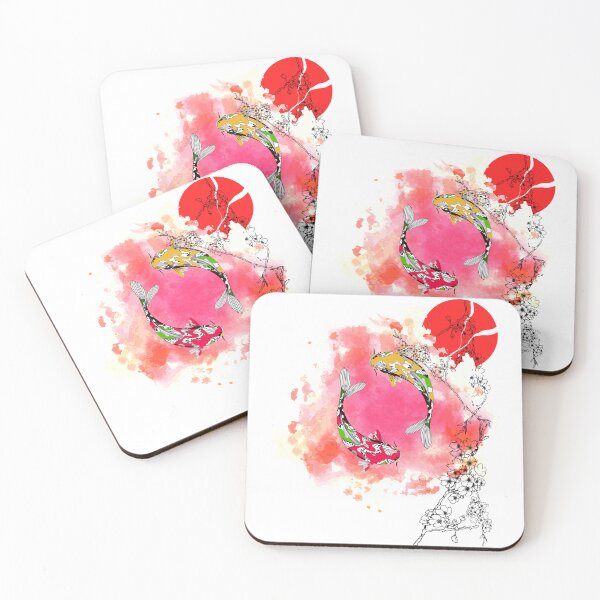 Item preview, Koi Fish and Cherry Blossom Art with red Japanese Sun designed and sold by Pikkalo.