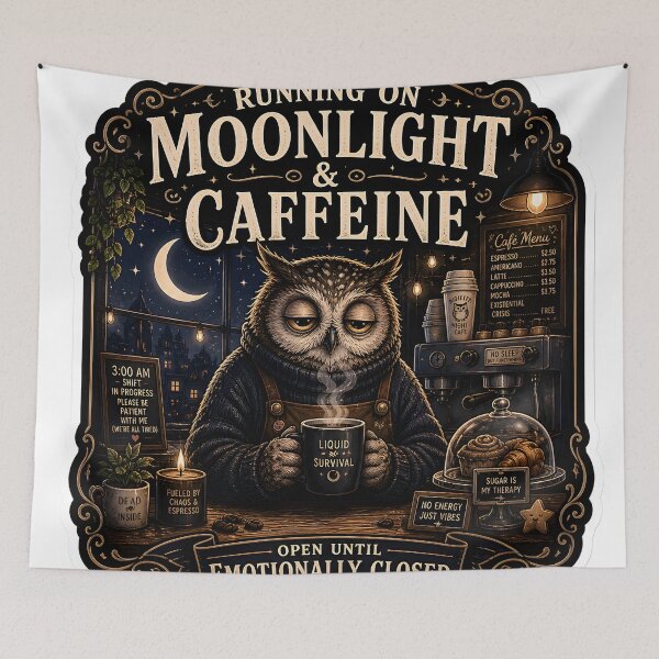 Item preview, Running On Moonlight And Caffeine Cozy Owl Café Aesthetic designed and sold by StickyGuys.