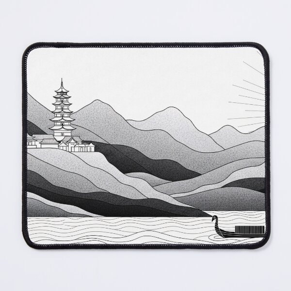 Item preview, Monochrome Asian Landscape with Pagoda and Sun designed and sold by PixorStudio.