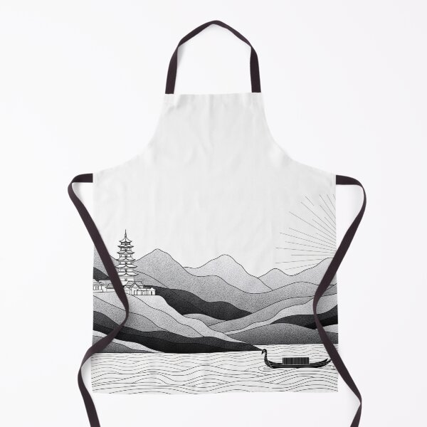 Item preview, Monochrome Asian Landscape with Pagoda and Sun designed and sold by PixorStudio.