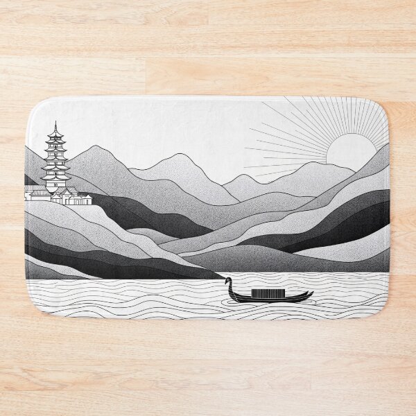 Item preview, Monochrome Asian Landscape with Pagoda and Sun designed and sold by PixorStudio.