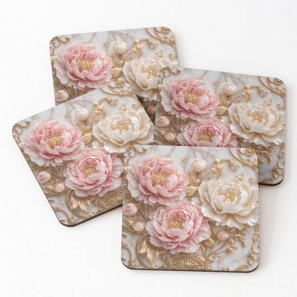 Item preview, Luxurious Pink and White Peonies with Ornate Gold on Marble designed and sold by NovaBitWalls.