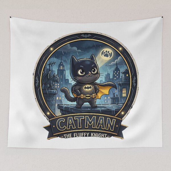 Item preview, Catman: The Fluffy Knight Hero Illustration Cute Superhero Cat in Dark City Night The Dark Fluffy Knight Catman Art designed and sold by abdosArts1.