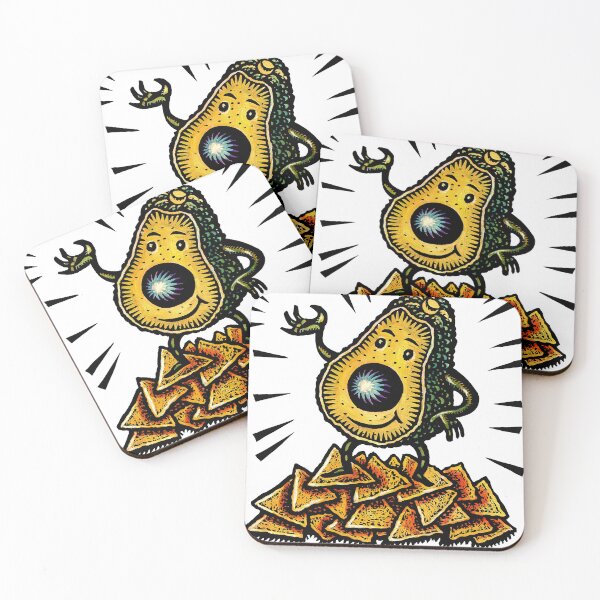 Item preview, cute avocado character with the pit as a nose stands on a pile of corn chips and waves. designed and sold by LisaHaney.