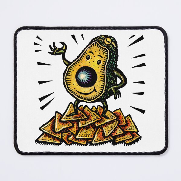 Item preview, cute avocado character with the pit as a nose stands on a pile of corn chips and waves. designed and sold by LisaHaney.