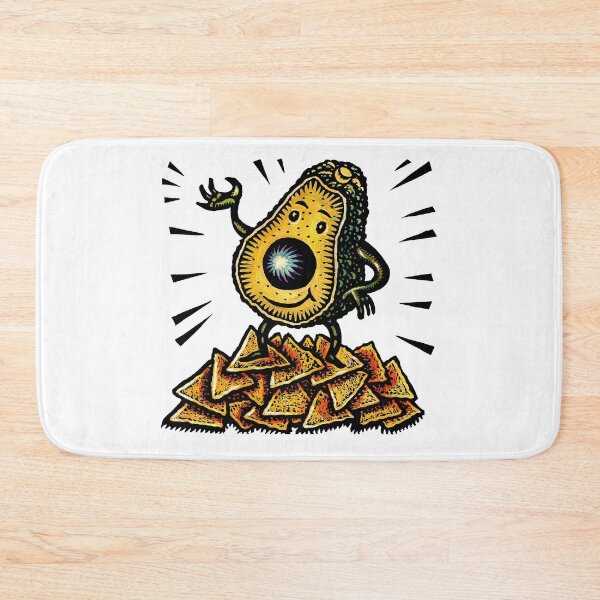 Item preview, cute avocado character with the pit as a nose stands on a pile of corn chips and waves. designed and sold by LisaHaney.