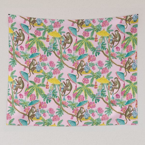 Item preview, Preppy monkeys with umbrellas on blush pink designed and sold by SophieClimaArt.