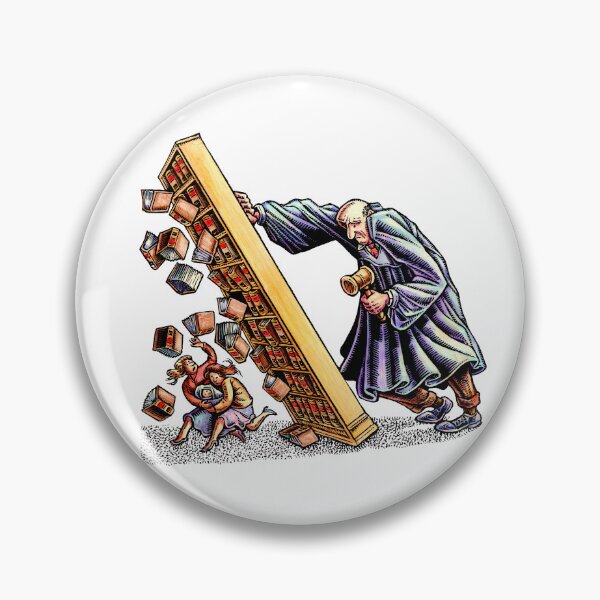 Item preview, angry giant judge tips over huge bookcase of law books onto a fleeing gay lesbian couple. designed and sold by LisaHaney.