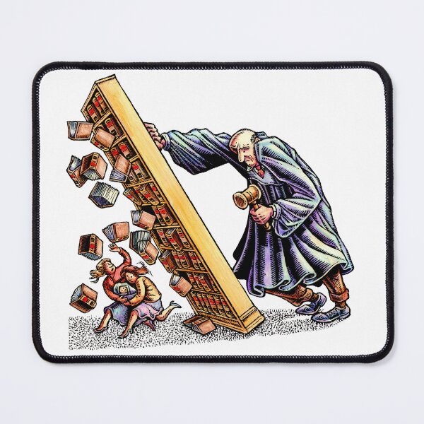 Item preview, angry giant judge tips over huge bookcase of law books onto a fleeing gay lesbian couple. designed and sold by LisaHaney.