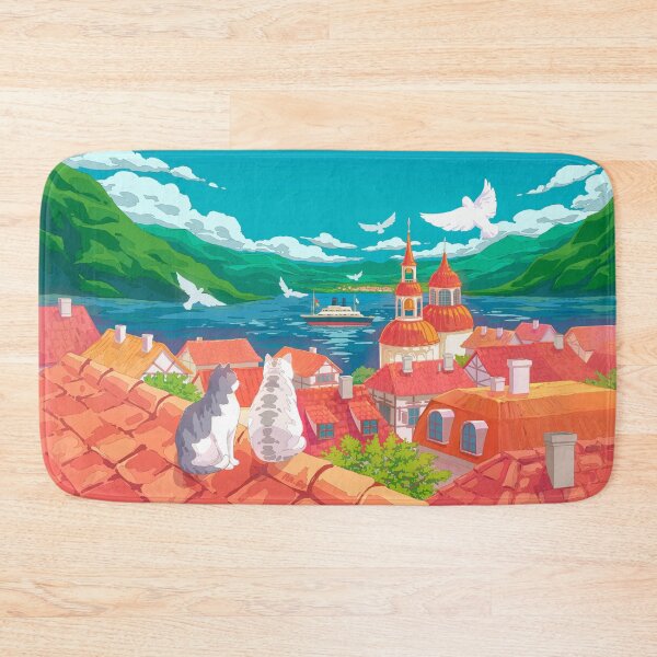 Item preview, Cute Cats on a Rooftop. Cozy Nostalgic Anime Inspired Landscape Illustration designed and sold by AnGoArt.