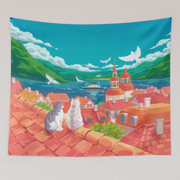 Item preview, Cute Cats on a Rooftop. Cozy Nostalgic Anime Inspired Landscape Illustration designed and sold by AnGoArt.