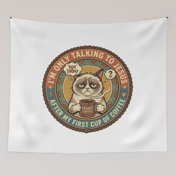 Item preview, Funny Grumpy Cat Coffee Badge - Talking to Jesus Today Retro Graphic designed and sold by Wear Sculpt.