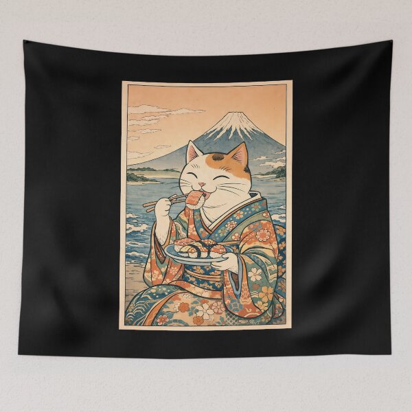 Item preview, Happy Japanese Cat Eating Sushi Near Fuji designed and sold by GiggleTime.