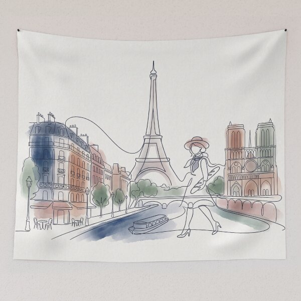 Item preview, Paris Line Art Woman Walking Cityscape designed and sold by PixorStudio.
