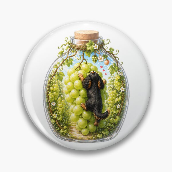 Item preview, Black and Tan Cavalier Puppy with Green Grapes in Glass Bottle – Fresh Cute Dog Watercolor Illustration designed and sold by SakuraWaStyle.