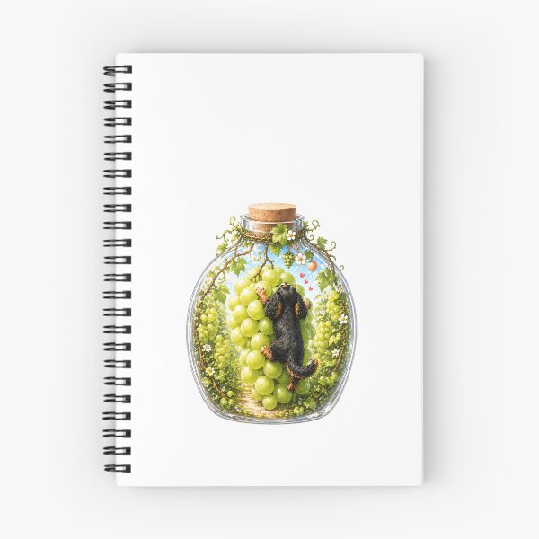 Item preview, Black and Tan Cavalier Puppy with Green Grapes in Glass Bottle – Fresh Cute Dog Watercolor Illustration designed and sold by SakuraWaStyle.