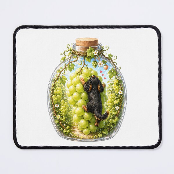 Item preview, Black and Tan Cavalier Puppy with Green Grapes in Glass Bottle – Fresh Cute Dog Watercolor Illustration designed and sold by SakuraWaStyle.