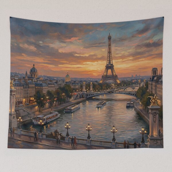 Item preview, Paris Sunset Seine Eiffel Tower Oil Painting designed and sold by PixorStudio.