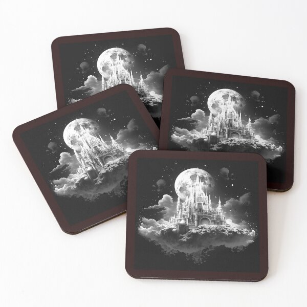 Item preview, Moonlit Fantasy Castle in the Clouds | Black and White Fairytale Art designed and sold by inkoutninja.