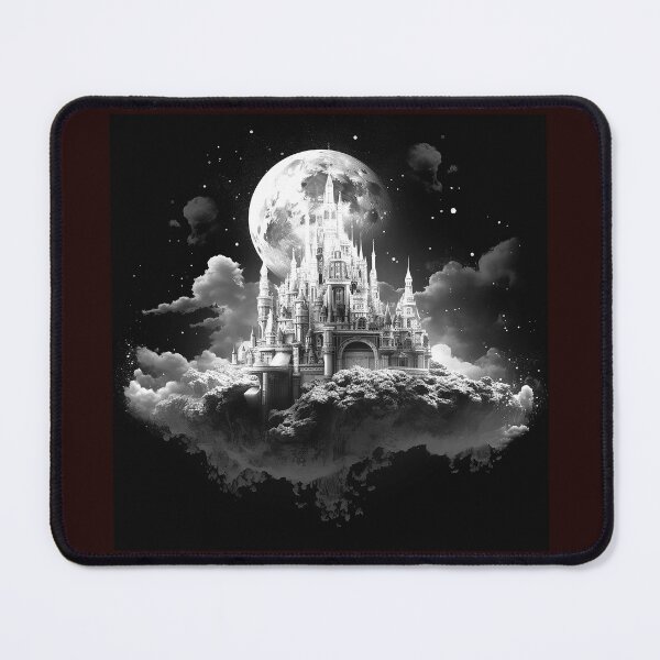 Item preview, Moonlit Fantasy Castle in the Clouds | Black and White Fairytale Art designed and sold by inkoutninja.