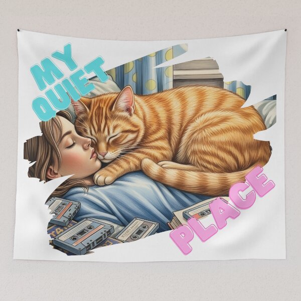 Item preview, My Quiet Place: Sleeping Girl with Ginger Cat and Cassettes designed and sold by InfinitePawBond.