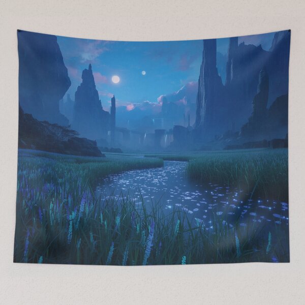 Item preview, Bioluminescent Alien Valley Fantasy Sci-Fi Landscape with Floating Mountains designed and sold by Luminous Wilds.