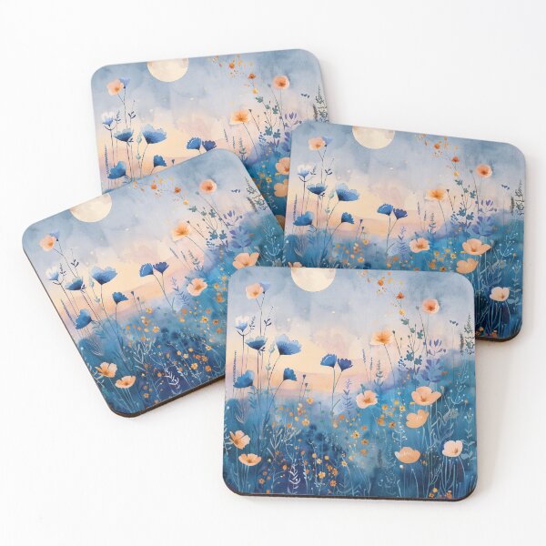 Item preview, Moonlit Blue Watercolor Wildflower Meadow With Peach Flowers designed and sold by solynneart.
